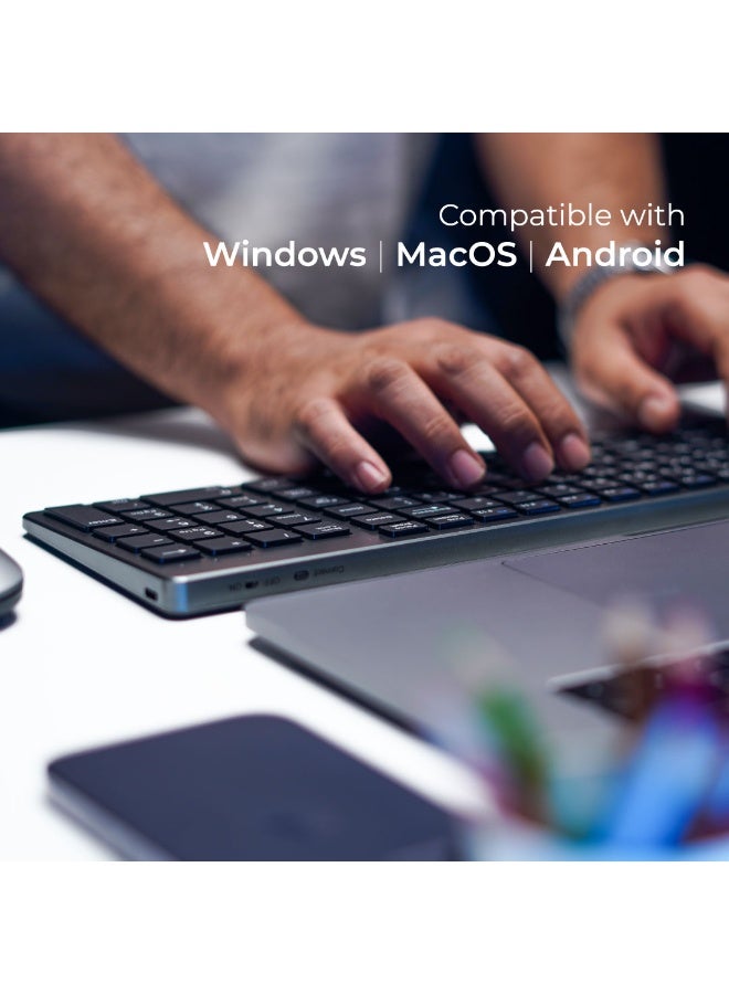 blupebble Magic Pebble Combo 102 Keys English Arabic Wireless Keyboard and Mouse Set with Numpad, Rechargeable Bluetooth + 2.4GHz Dual Mode, USB-C Slim Keyboard Compatible with Windows MacOS Android - Image 4