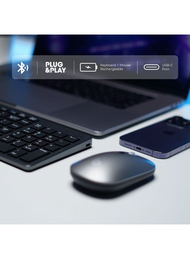 blupebble Magic Pebble Combo 102 Keys English Arabic Wireless Keyboard and Mouse Set with Numpad, Rechargeable Bluetooth + 2.4GHz Dual Mode, USB-C Slim Keyboard Compatible with Windows MacOS Android - Image 3