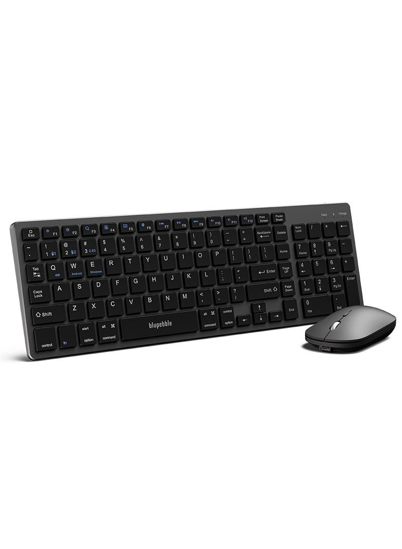 blupebble Magic Pebble Combo 102 Keys English Arabic Wireless Keyboard and Mouse Set with Numpad, Rechargeable Bluetooth + 2.4GHz Dual Mode, USB-C Slim Keyboard Compatible with Windows MacOS Android - Image 1