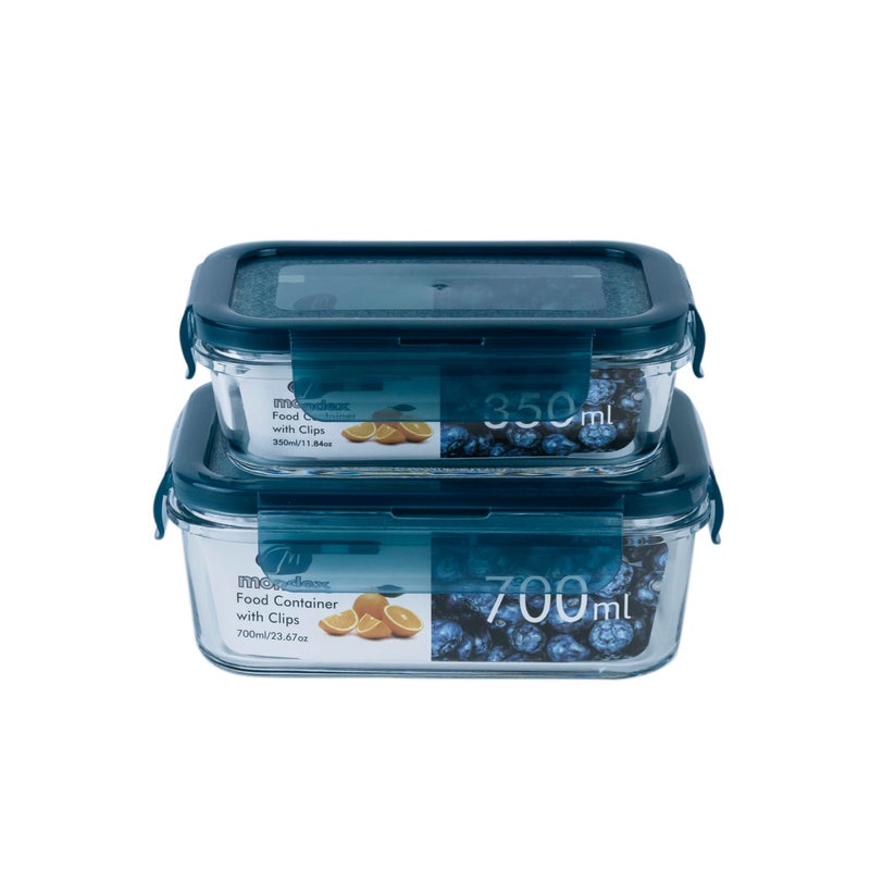 2? حاويات تخزين الطعام المستطيل الزجاجي البورسليكات 350 مل 700 مل علب غداء مع أغطية زرقاء