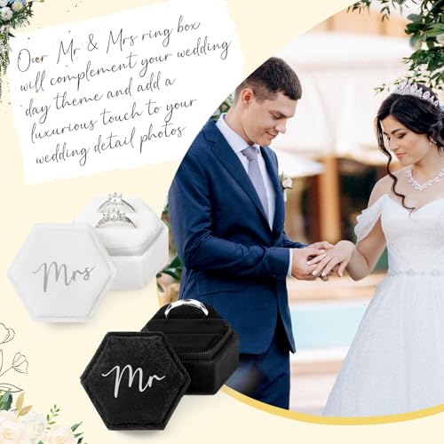 CEELGON Mr & Mrs Velvet Wedding Ring Box 2 Slots Cursive Hexagon Jewelry Ring Box for Wedding Day Ceremony Bridal Photography Gift Set of 2 (Silver Foil Lettering) - Image 5