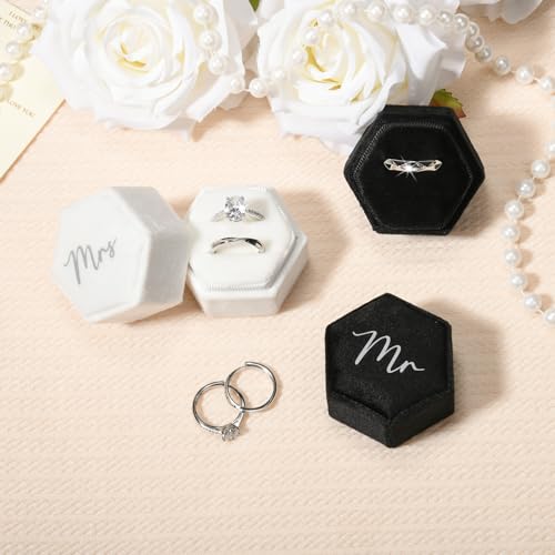 CEELGON Mr & Mrs Velvet Wedding Ring Box 2 Slots Cursive Hexagon Jewelry Ring Box for Wedding Day Ceremony Bridal Photography Gift Set of 2 (Silver Foil Lettering) - Image 4