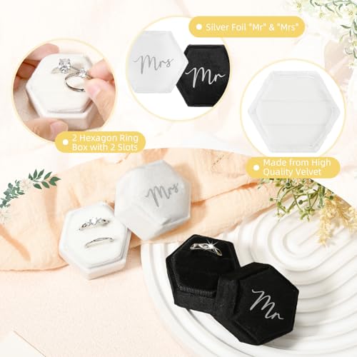 CEELGON Mr & Mrs Velvet Wedding Ring Box 2 Slots Cursive Hexagon Jewelry Ring Box for Wedding Day Ceremony Bridal Photography Gift Set of 2 (Silver Foil Lettering) - Image 2