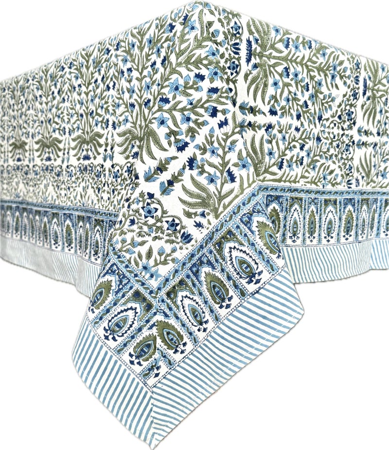 Atosii Nargis Blue 100% Cotton Rectangle Summer Tablecloth  Indian Block Print Floral Table Cloth I Dining Parties Weddings Outdoors Holidays 60 X 90 Inches 6 Seater I Grandmillennial Farmhouse Boho - Image 2