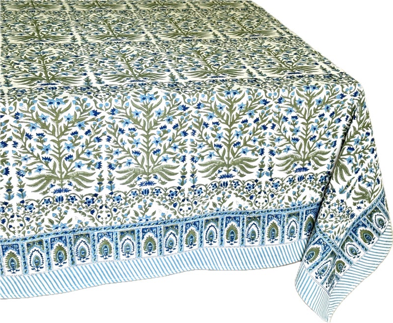 Atosii Nargis Blue 100% Cotton Rectangle Summer Tablecloth  Indian Block Print Floral Table Cloth I Dining Parties Weddings Outdoors Holidays 60 X 90 Inches 6 Seater I Grandmillennial Farmhouse Boho - Image 4