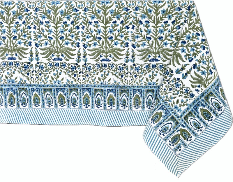 Atosii Nargis Blue 100% Cotton Rectangle Summer Tablecloth  Indian Block Print Floral Table Cloth I Dining Parties Weddings Outdoors Holidays 60 X 90 Inches 6 Seater I Grandmillennial Farmhouse Boho - Image 1