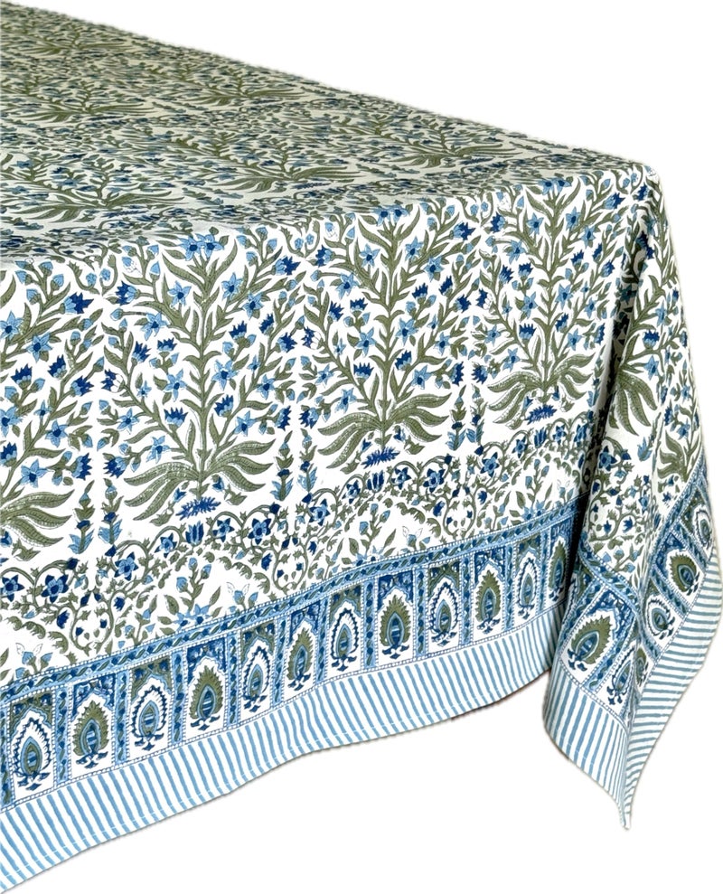 Atosii Nargis Blue 100% Cotton Rectangle Summer Tablecloth  Indian Block Print Floral Table Cloth I Dining Parties Weddings Outdoors Holidays 60 X 90 Inches 6 Seater I Grandmillennial Farmhouse Boho - Image 3