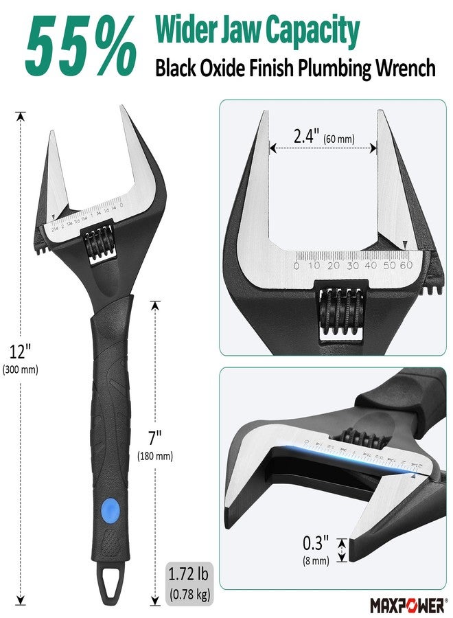 MAXPOWER 12 inch Adjustable Wrench, Wide Jaw Capacity 2.4 inch (60 mm) - Image 2
