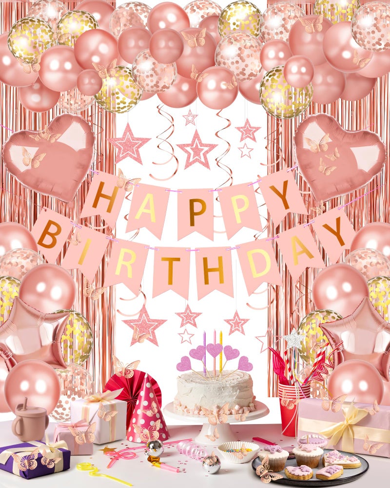 Lutoys Rose Gold Happy Birthday Party Decorations, Happy Birthday Banner, Rose Gold Foil Heart Star Confetti Balloons Curtain Backdrop Hanging Swirls Party Decor for Girls Women Princess - Image 1