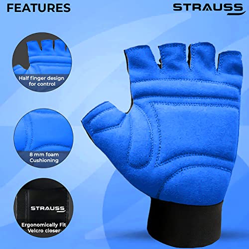 Strauss Suede Gym Gloves for Weightlifting, Training, Cycling, Exercise & Gym | Half Finger Design, 8mm Foam Cushioning, Anti-Slip & Breathable Lycra Material, (Black/Blue), (Medium) - Image 2