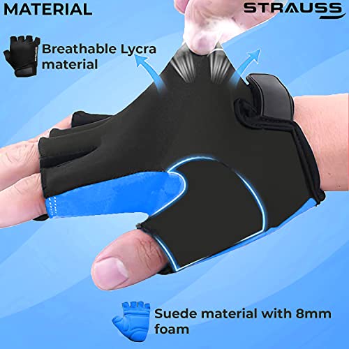 Strauss Suede Gym Gloves for Weightlifting, Training, Cycling, Exercise & Gym | Half Finger Design, 8mm Foam Cushioning, Anti-Slip & Breathable Lycra Material, (Black/Blue), (Medium) - Image 3