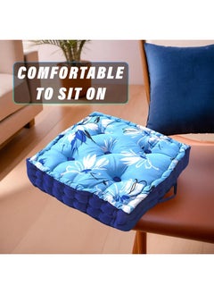 Kuber Industries Kuber Industries Square Chair Pad|Comfortable Floral Design Seat Cushion|Soft Cotton Pillow Filler for Seating,Meditation,Yoga,Living Room (Sky Blue)  - Image 4