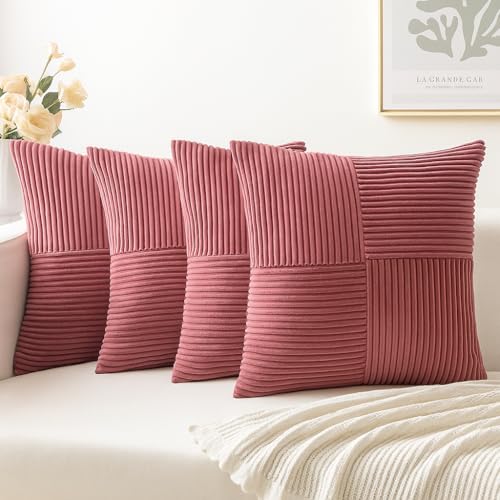 Guffaw Corduroy Pillow Covers Boho Decorative Spliced Throw Pillow Covers Soft Solid Couch Pillowcases Cross Patchwork Cushion Covers for Living Room Bed Sofa 16x16 inch (1, CB RED) - Image 1