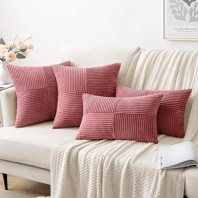 Guffaw Corduroy Pillow Covers Boho Decorative Spliced Throw Pillow Covers Soft Solid Couch Pillowcases Cross Patchwork Cushion Covers for Living Room Bed Sofa 16x16 inch (1, CB RED) - Image 5