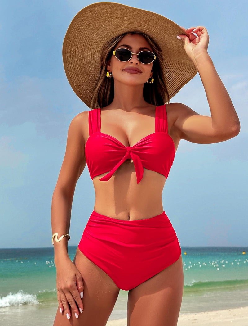 ZAFUL Bikini Sets for Women Tie Knot Push Up Two Piece Tummy Control Modest Swimsuits High Waisted Bathingsuits for Women Over 50 Red L - Image 2