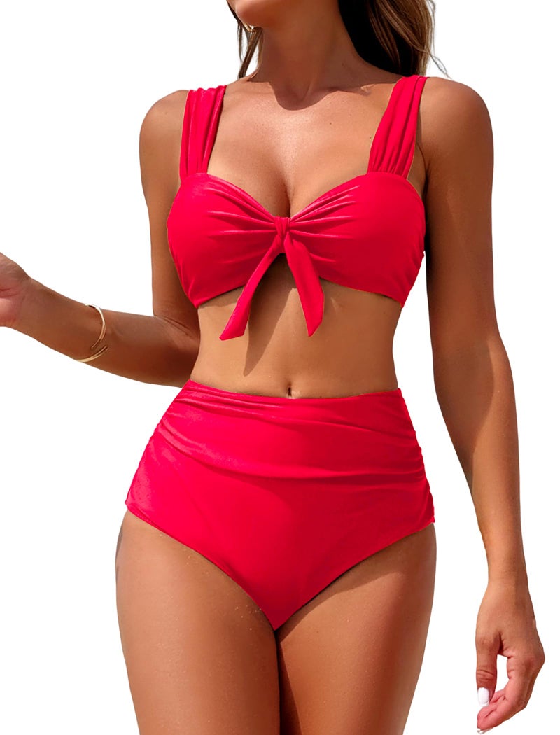 ZAFUL Bikini Sets for Women Tie Knot Push Up Two Piece Tummy Control Modest Swimsuits High Waisted Bathingsuits for Women Over 50 Red L - Image 1