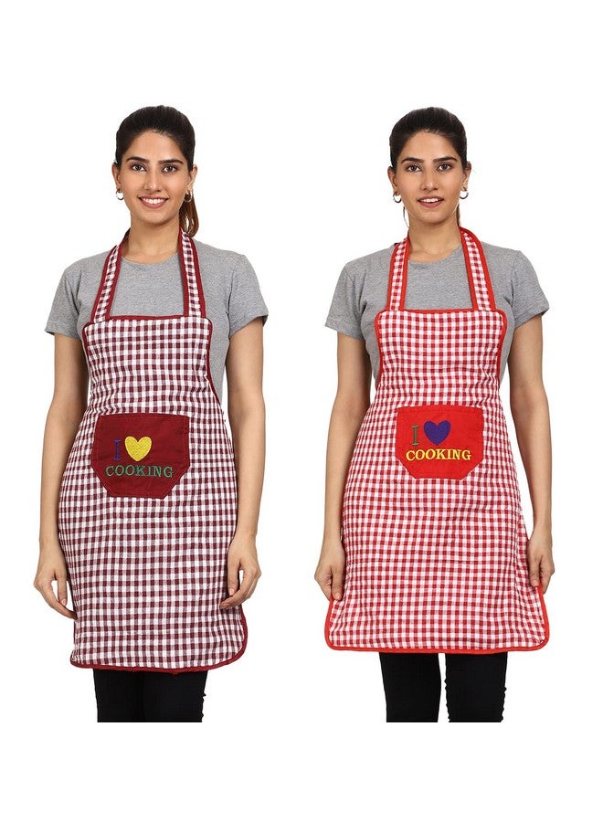 JMi Cotton Checkered Design Waterproof Apron with Multipurpose Front Large Embroidered Pocket Pack of 2 (RED & Maroon) - Image 1