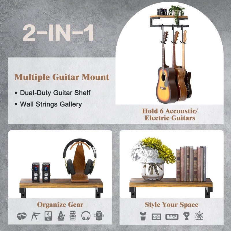 Keebofly Guitar Wall Mount Hangers Holds 3 Guitars with Rustic Shelf, 3-Detachable Guitar Hooks Universal Fit for Acoustic, Electric, Bass & Ukulele (Brown) - Image 2