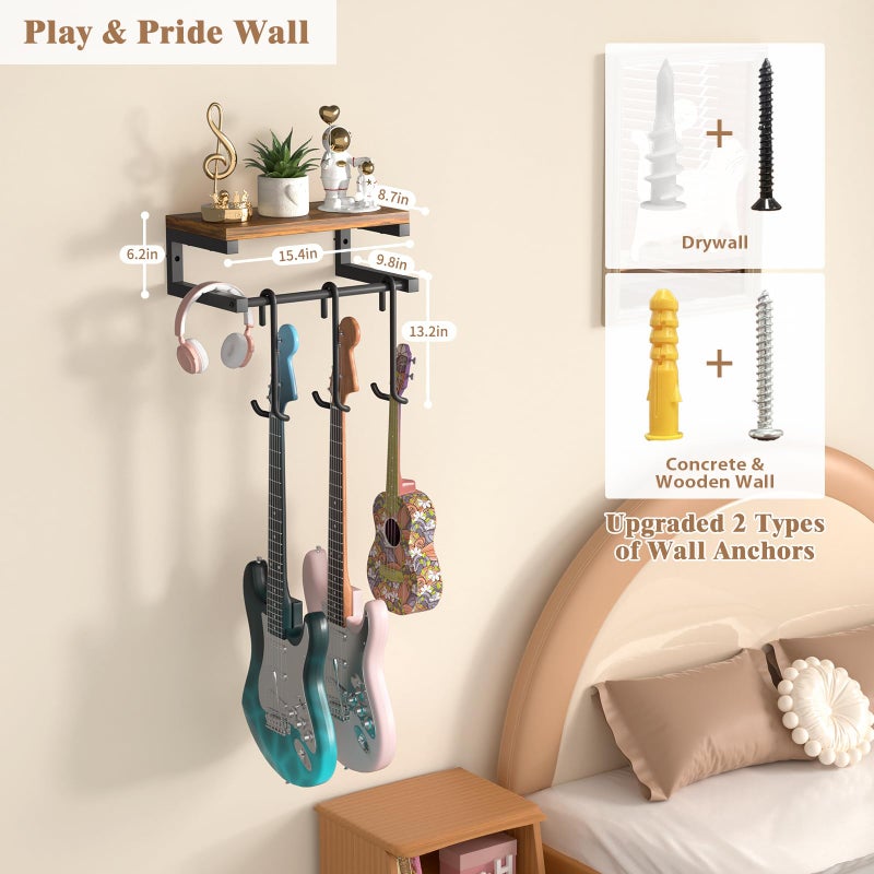 Keebofly Guitar Wall Mount Hangers Holds 3 Guitars with Rustic Shelf, 3-Detachable Guitar Hooks Universal Fit for Acoustic, Electric, Bass & Ukulele (Brown) - Image 3