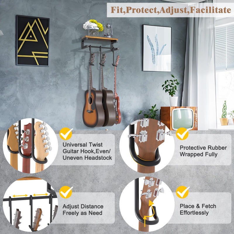 Keebofly Guitar Wall Mount Hangers Holds 3 Guitars with Rustic Shelf, 3-Detachable Guitar Hooks Universal Fit for Acoustic, Electric, Bass & Ukulele (Brown) - Image 5