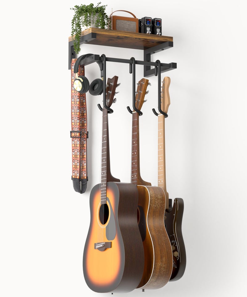 Keebofly Guitar Wall Mount Hangers Holds 3 Guitars with Rustic Shelf, 3-Detachable Guitar Hooks Universal Fit for Acoustic, Electric, Bass & Ukulele (Brown) - Image 1