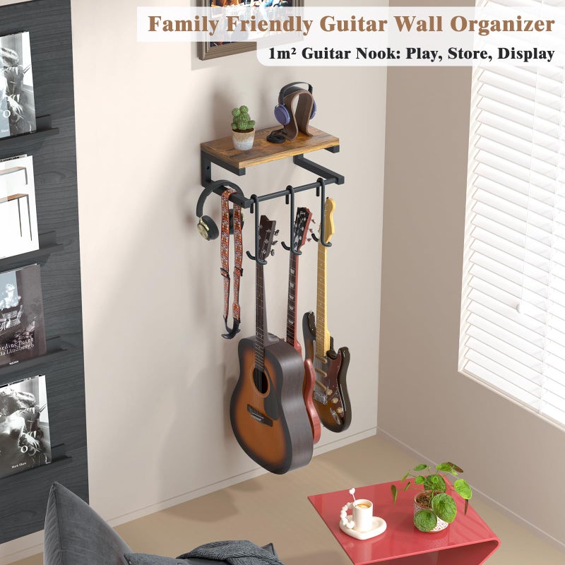 Keebofly Guitar Wall Mount Hangers Holds 3 Guitars with Rustic Shelf, 3-Detachable Guitar Hooks Universal Fit for Acoustic, Electric, Bass & Ukulele (Brown) - Image 4