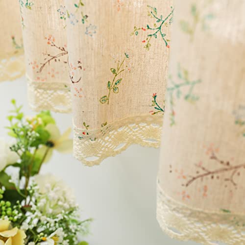 Moslovstar Farmhouse Cotton Linen Tier Curtain 36 Inch Long Elegant Floral Lace Window Treatment Kitchen Bathroom Short Curtain, 1 Panel, Little Grass and Flower on Beige - Image 1