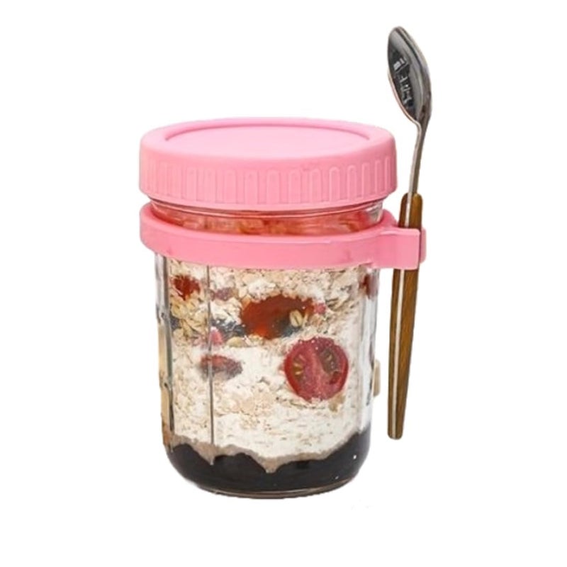 Toxen Glass Spoon Mason Jars Overnight Oats Containers With Lids,16-Oz Oatmeal Storage Kitchen Container, Leak-proof Meal Prep Jars for Milk, Vegetable, and Fruit Salad Storage (Pink 1PCs) - Image 1