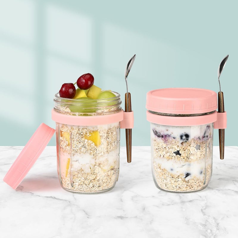 Toxen Glass Spoon Mason Jars Overnight Oats Containers With Lids,16-Oz Oatmeal Storage Kitchen Container, Leak-proof Meal Prep Jars for Milk, Vegetable, and Fruit Salad Storage (Pink 1PCs) - Image 2
