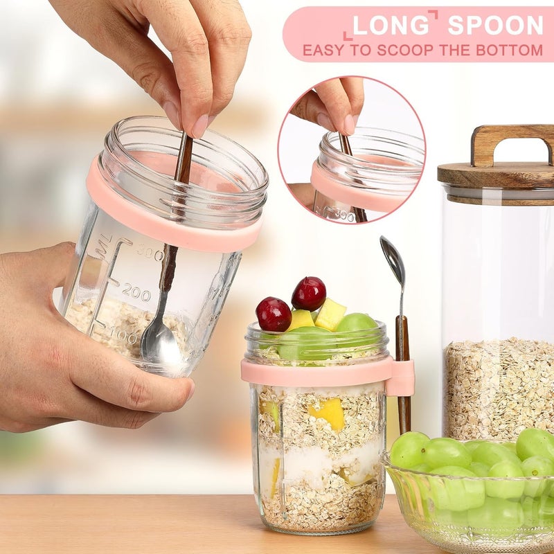 Toxen Glass Spoon Mason Jars Overnight Oats Containers With Lids,16-Oz Oatmeal Storage Kitchen Container, Leak-proof Meal Prep Jars for Milk, Vegetable, and Fruit Salad Storage (Pink 1PCs) - Image 4