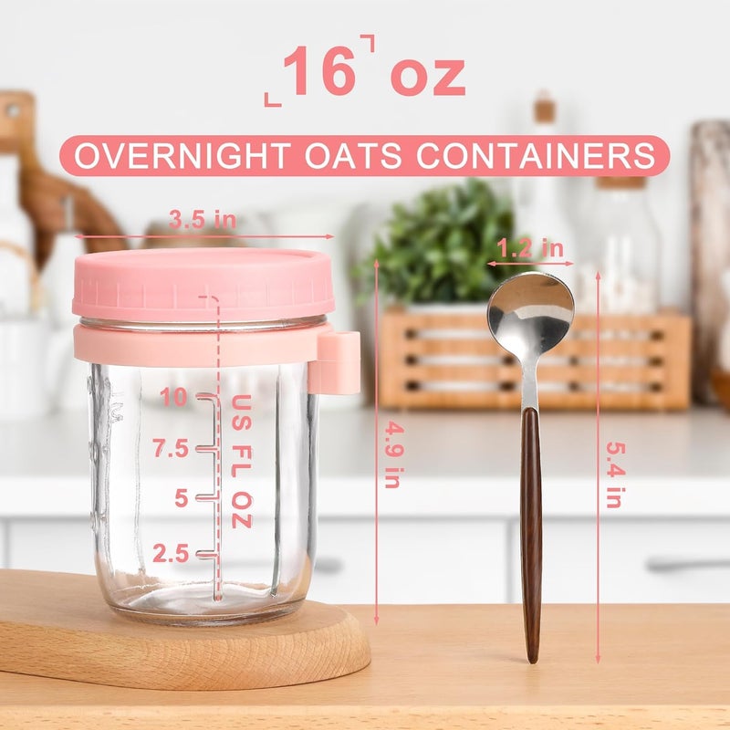Toxen Glass Spoon Mason Jars Overnight Oats Containers With Lids,16-Oz Oatmeal Storage Kitchen Container, Leak-proof Meal Prep Jars for Milk, Vegetable, and Fruit Salad Storage (Pink 1PCs) - Image 5