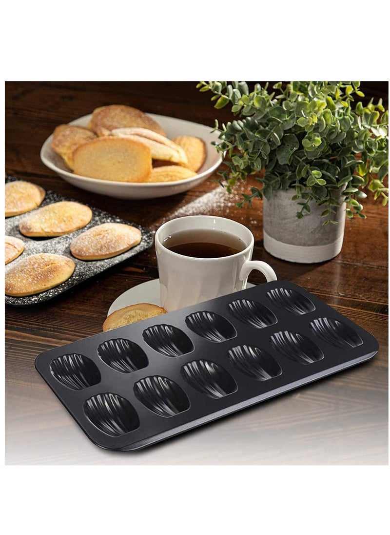 Arabest - 2 PCS Madeleine Mold Cake Pan, 12-Cavity Shell Shape Madeline Bakeware, Nonstick Madeleine Mold Cake Pan for Oven Baking, Black - Image 1