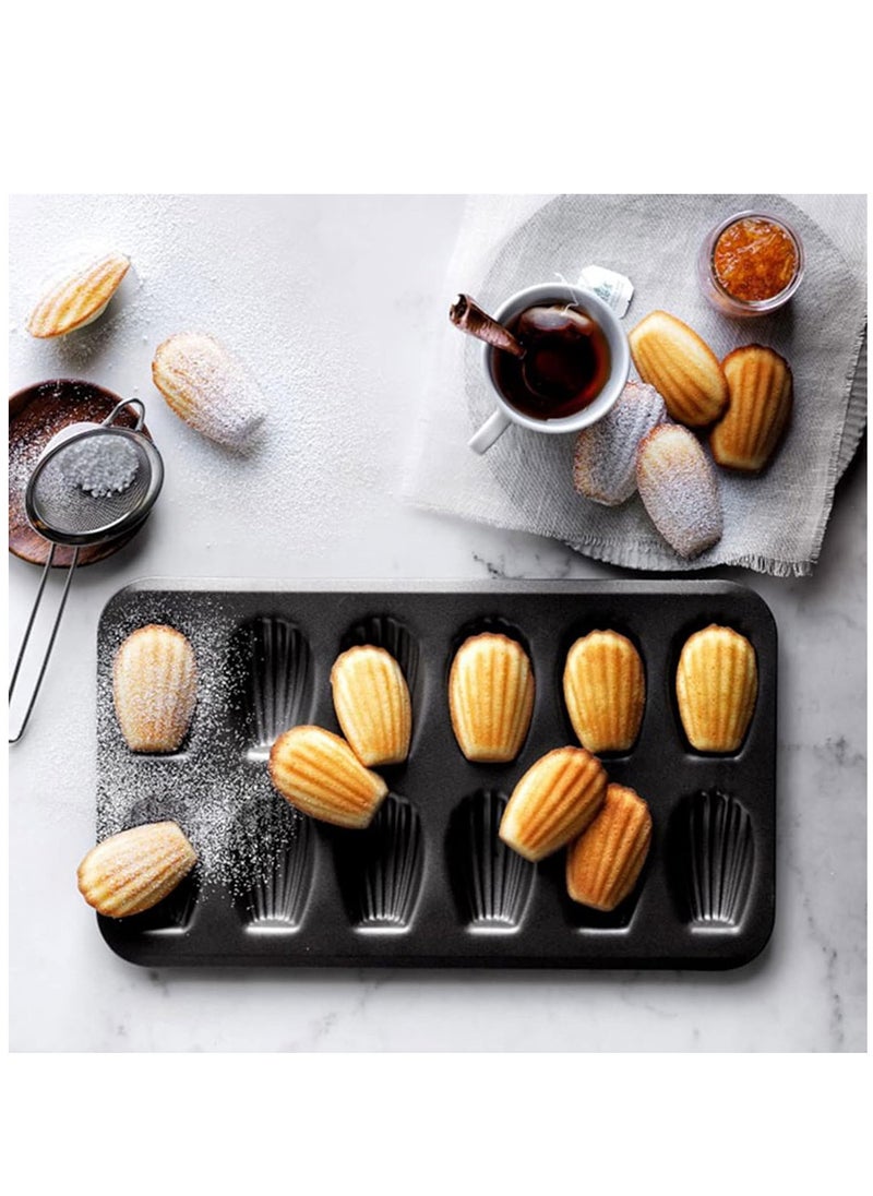 Arabest - 2 PCS Madeleine Mold Cake Pan, 12-Cavity Shell Shape Madeline Bakeware, Nonstick Madeleine Mold Cake Pan for Oven Baking, Black - Image 1