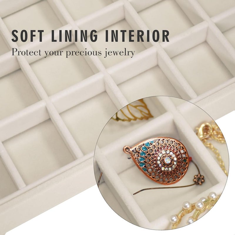 Siveit Velvet Jewelry Tray 48 Grid Jewelry Display Tray Organizer Box with Transparent Lid Rings Earrings Necklaces Pendants Display Box Suitable for Women and Girls (Beige) - Image 3