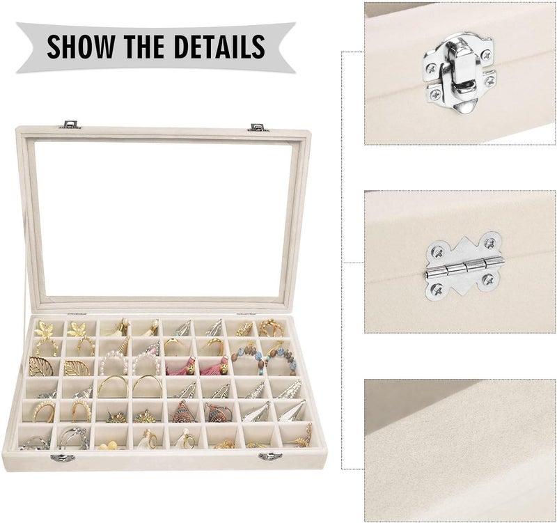 Siveit Velvet Jewelry Tray 48 Grid Jewelry Display Tray Organizer Box with Transparent Lid Rings Earrings Necklaces Pendants Display Box Suitable for Women and Girls (Beige) - Image 4