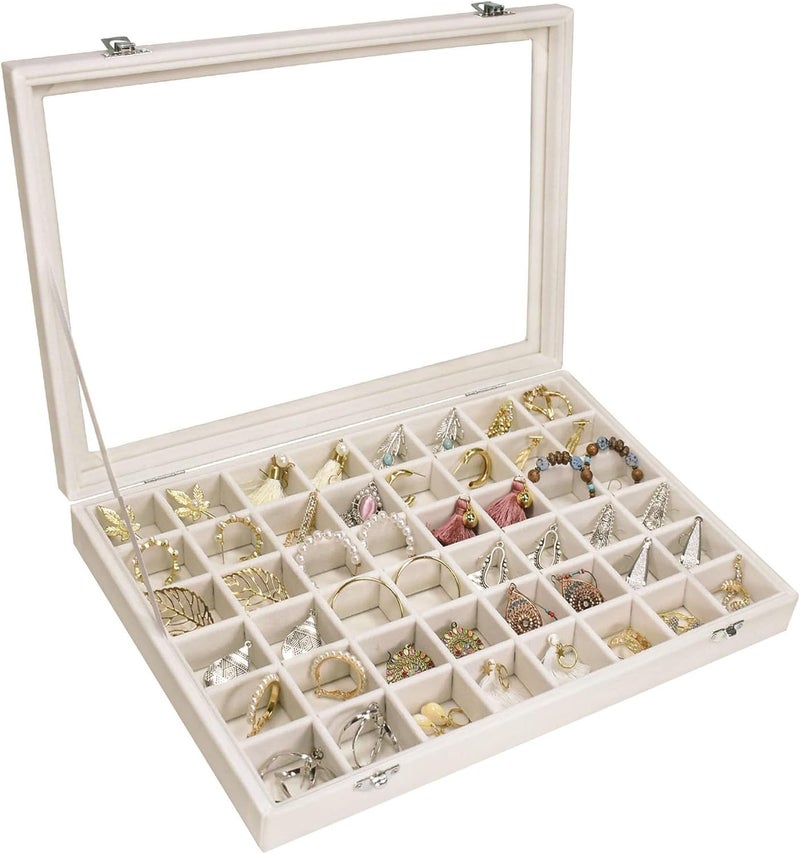 Siveit Velvet Jewelry Tray 48 Grid Jewelry Display Tray Organizer Box with Transparent Lid Rings Earrings Necklaces Pendants Display Box Suitable for Women and Girls (Beige) - Image 1