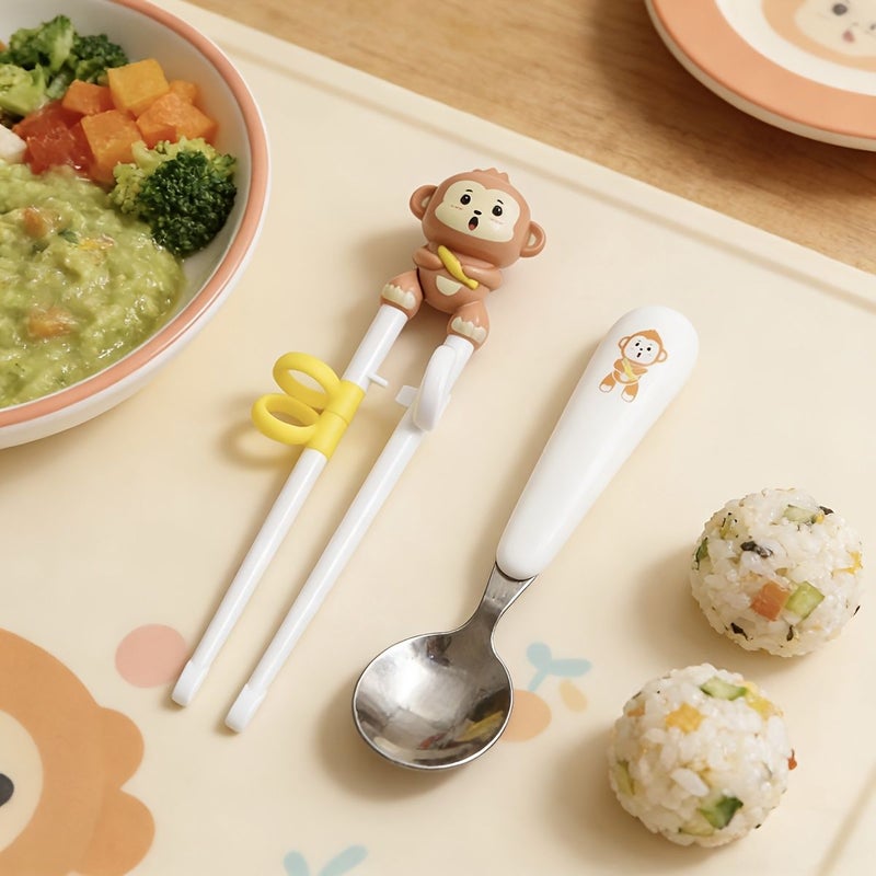 Monkey Animal Toddler Utensils Chopsticks Spoon Dishwasher Safe Plastic Handle - Image 1