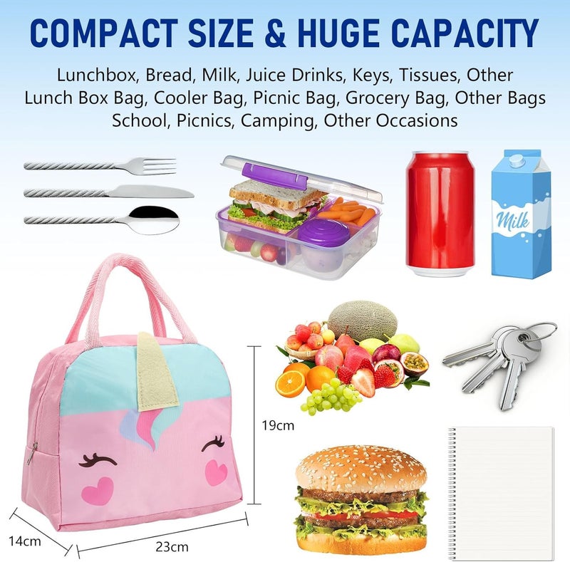 Flywind Kids Lunch Bag for Girls Boys Students | Small Foldable Waterproof Lunch Box for Travel Picnic School | Reusable Cartoon Insulated Lunchbag (Dark Pink Pony) - Image 2