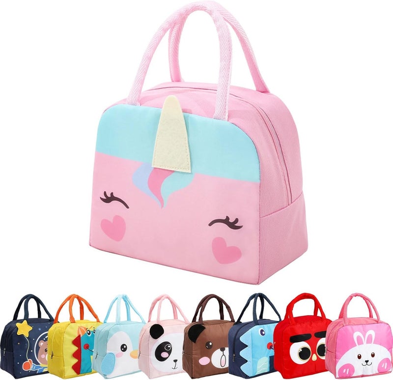 Flywind Kids Lunch Bag for Girls Boys Students | Small Foldable Waterproof Lunch Box for Travel Picnic School | Reusable Cartoon Insulated Lunchbag (Dark Pink Pony) - Image 1