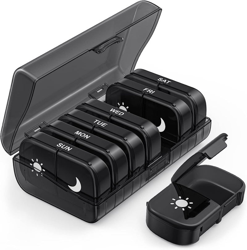 Rabbonix Weekly Medicine Organizer Box 02 Times a Day, Tablets Container Case Travel Pill Box For 07 days | Black | 01 Pcs - Image 1