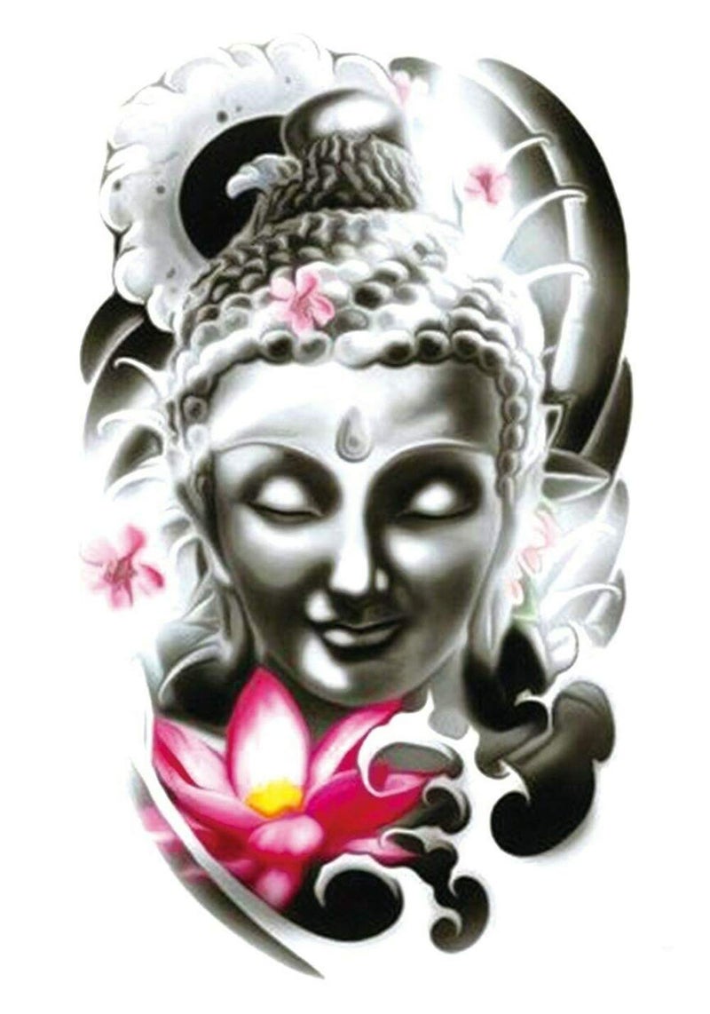 S.A.V.I 3D Temporary Tattoo Beautiful Buddha God Holy Religious Lotus Design Size 21x15CM - 1PC., Black, 10 g - Image 1