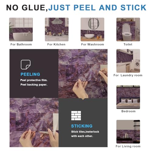 URCOLOR 32-Piece Peel and Stick Backsplash Wall Tile, 4"x 8" PVC Glossy Purple Marble Stick on Subway Tiles for Kitchen, Bathroom, Laundry Room, Camper, Fireplace - Image 5