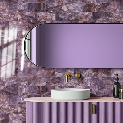 URCOLOR 32-Piece Peel and Stick Backsplash Wall Tile, 4"x 8" PVC Glossy Purple Marble Stick on Subway Tiles for Kitchen, Bathroom, Laundry Room, Camper, Fireplace - Image 3