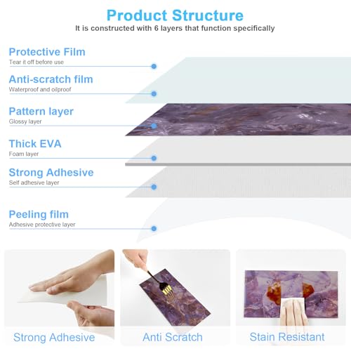 URCOLOR 32-Piece Peel and Stick Backsplash Wall Tile, 4"x 8" PVC Glossy Purple Marble Stick on Subway Tiles for Kitchen, Bathroom, Laundry Room, Camper, Fireplace - Image 4