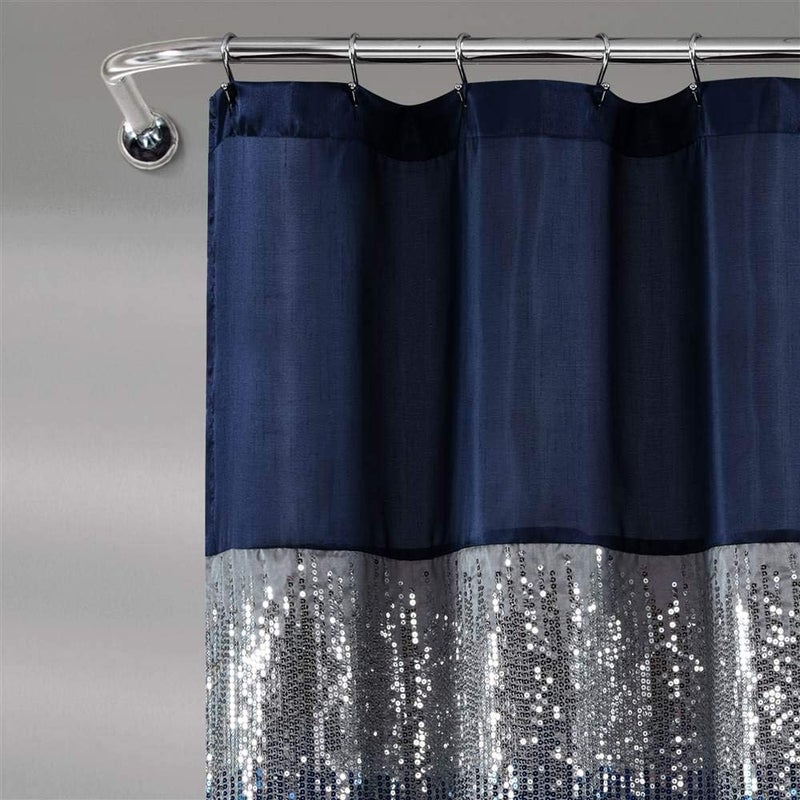 Lush Decor Night Sky Shower Curtain Sequin Fabric Shimmery Color Block Design for Bathroom, 72" x 72", Navy & White - Image 1
