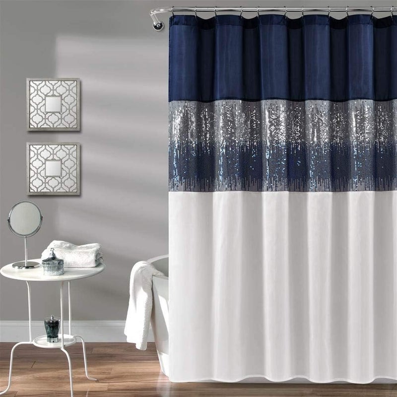 Lush Decor Night Sky Shower Curtain Sequin Fabric Shimmery Color Block Design for Bathroom, 72" x 72", Navy & White - Image 4