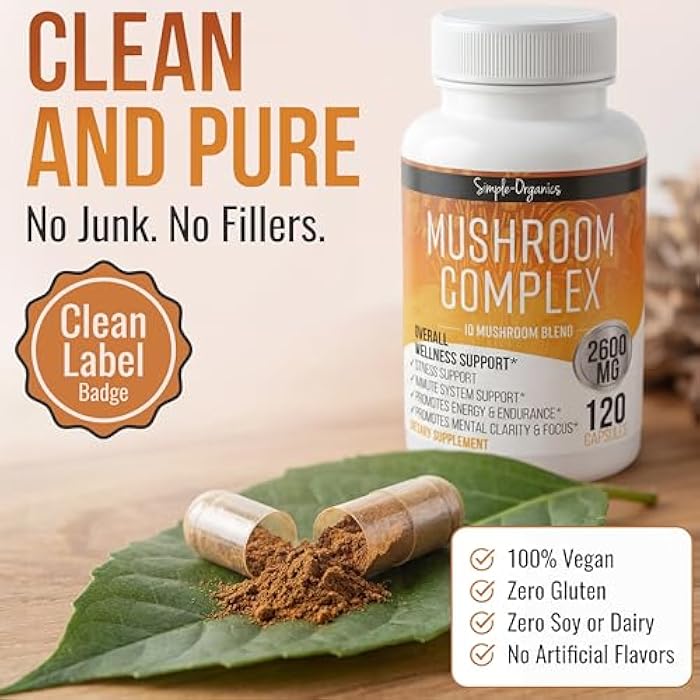 Simple-Organics 10 Mushroom Brain Supplement for Memory and Focus 2600mg | Energy and Immune Support | Cordyceps, Reishi, Lion’s Mane, Chaga, Turkey Tail, Maitake, Shiitake, Enoki, Agaricus, & Oyster - Image 5