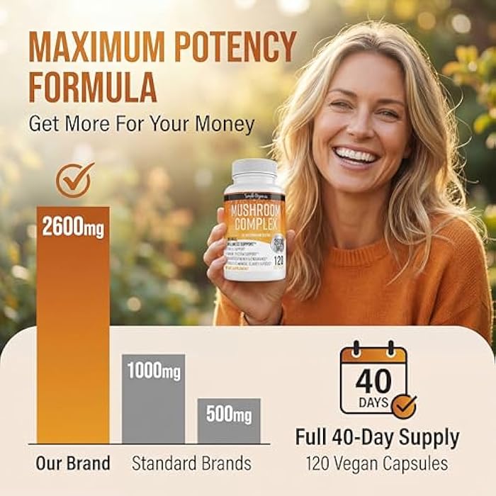 Simple-Organics 10 Mushroom Brain Supplement for Memory and Focus 2600mg | Energy and Immune Support | Cordyceps, Reishi, Lion’s Mane, Chaga, Turkey Tail, Maitake, Shiitake, Enoki, Agaricus, & Oyster - Image 4