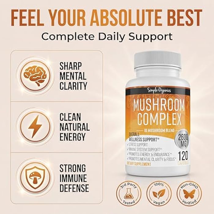 Simple-Organics 10 Mushroom Brain Supplement for Memory and Focus 2600mg | Energy and Immune Support | Cordyceps, Reishi, Lion’s Mane, Chaga, Turkey Tail, Maitake, Shiitake, Enoki, Agaricus, & Oyster - Image 2