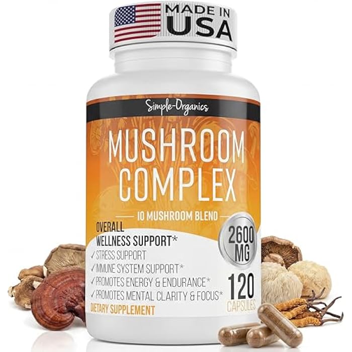 Simple-Organics 10 Mushroom Brain Supplement for Memory and Focus 2600mg | Energy and Immune Support | Cordyceps, Reishi, Lion’s Mane, Chaga, Turkey Tail, Maitake, Shiitake, Enoki, Agaricus, & Oyster - Image 1
